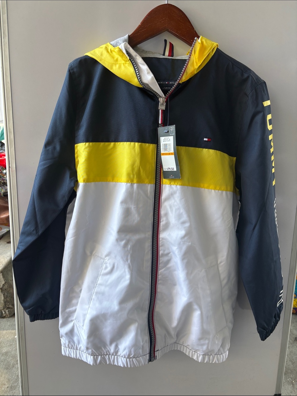 Tommy Hilfiger Kids Navy, Yellow & White Hooded Raincoat, new